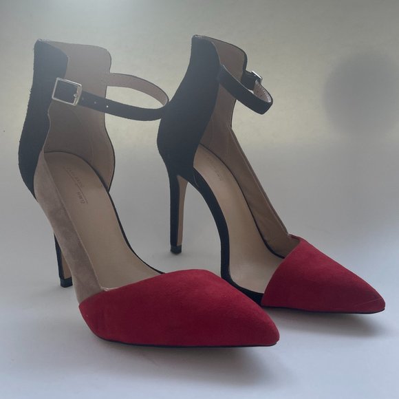 Zara Red Black Tan Suede Colorblock Pointed Heel Strap Sz 6 - Picture 2 of 12
